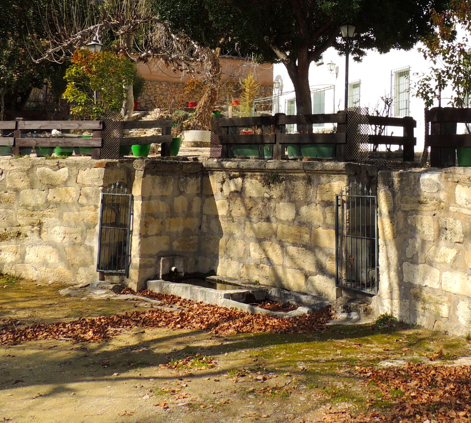 Fuente tradicional integrada en un entorno urbano-rústico, construida en piedra y con dos caños protegidos por rejas metálicas. En la base se acumulan hojas secas, lo que aporta un carácter estacional y natural a la escena. Sobre la estructura se aprecia una pequeña zona ajardinada con macetas, árboles y una barandilla de madera, creando un espacio cuidado que combina elementos históricos con vegetación.