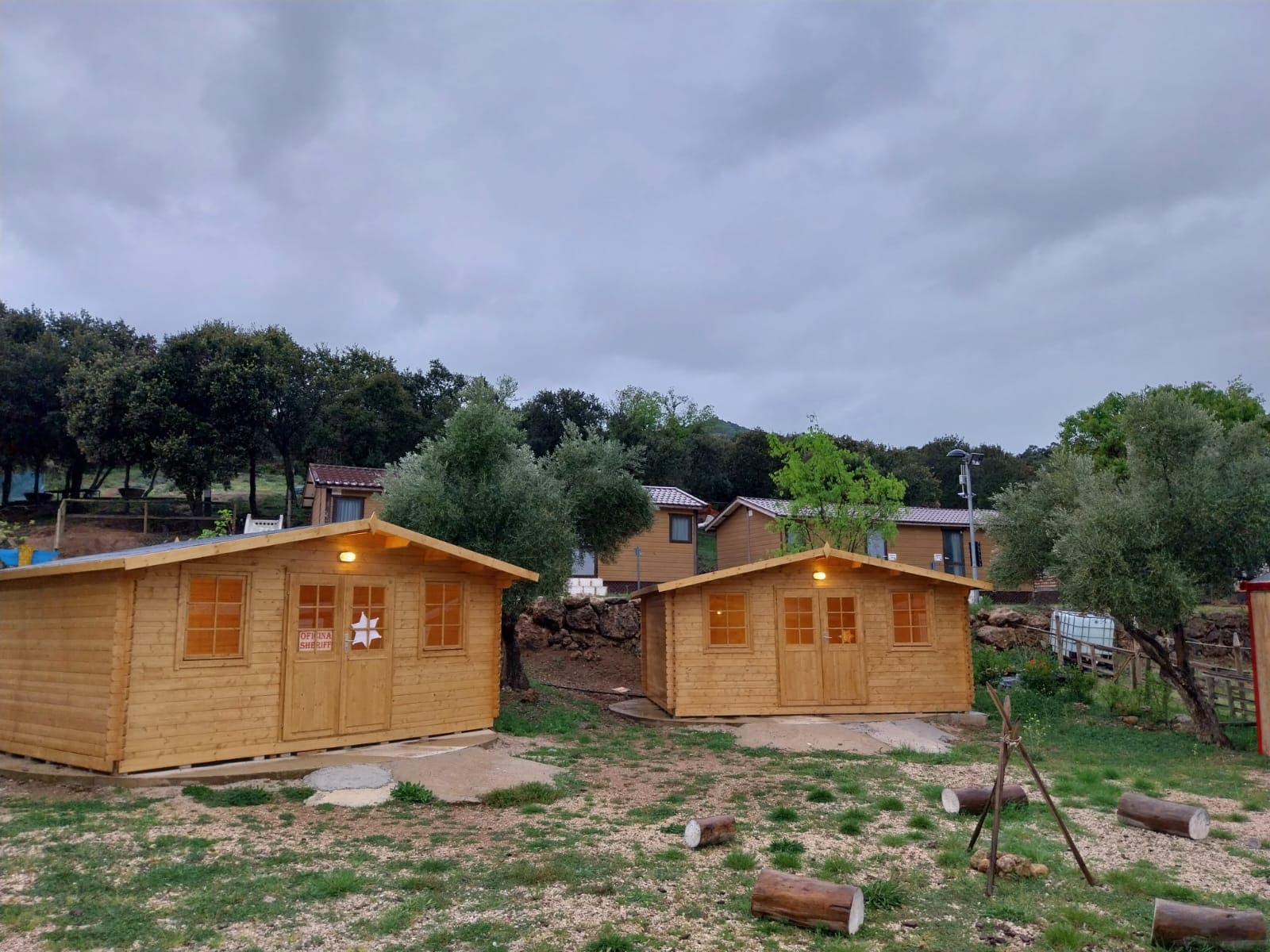 Cabañas de madera con luz interior encendida, situadas en un entorno tranquilo de naturaleza, con vegetación y cielo nublado.