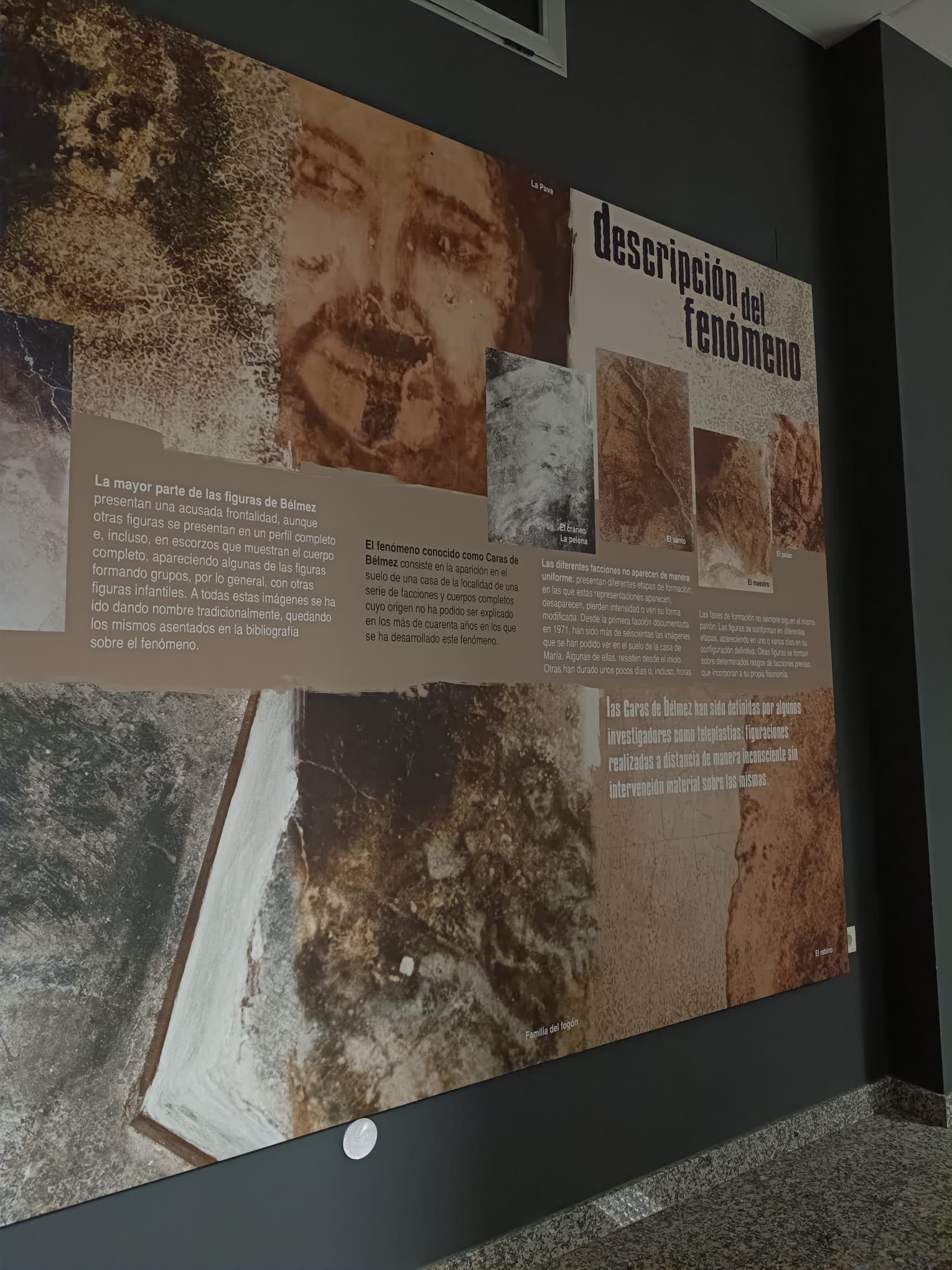 Panel interior titulado “descripción del fenómeno”, con imágenes de las Caras de Bélmez y textos que explican sus características, formas y evolución dentro del conocido fenómeno paranormal.