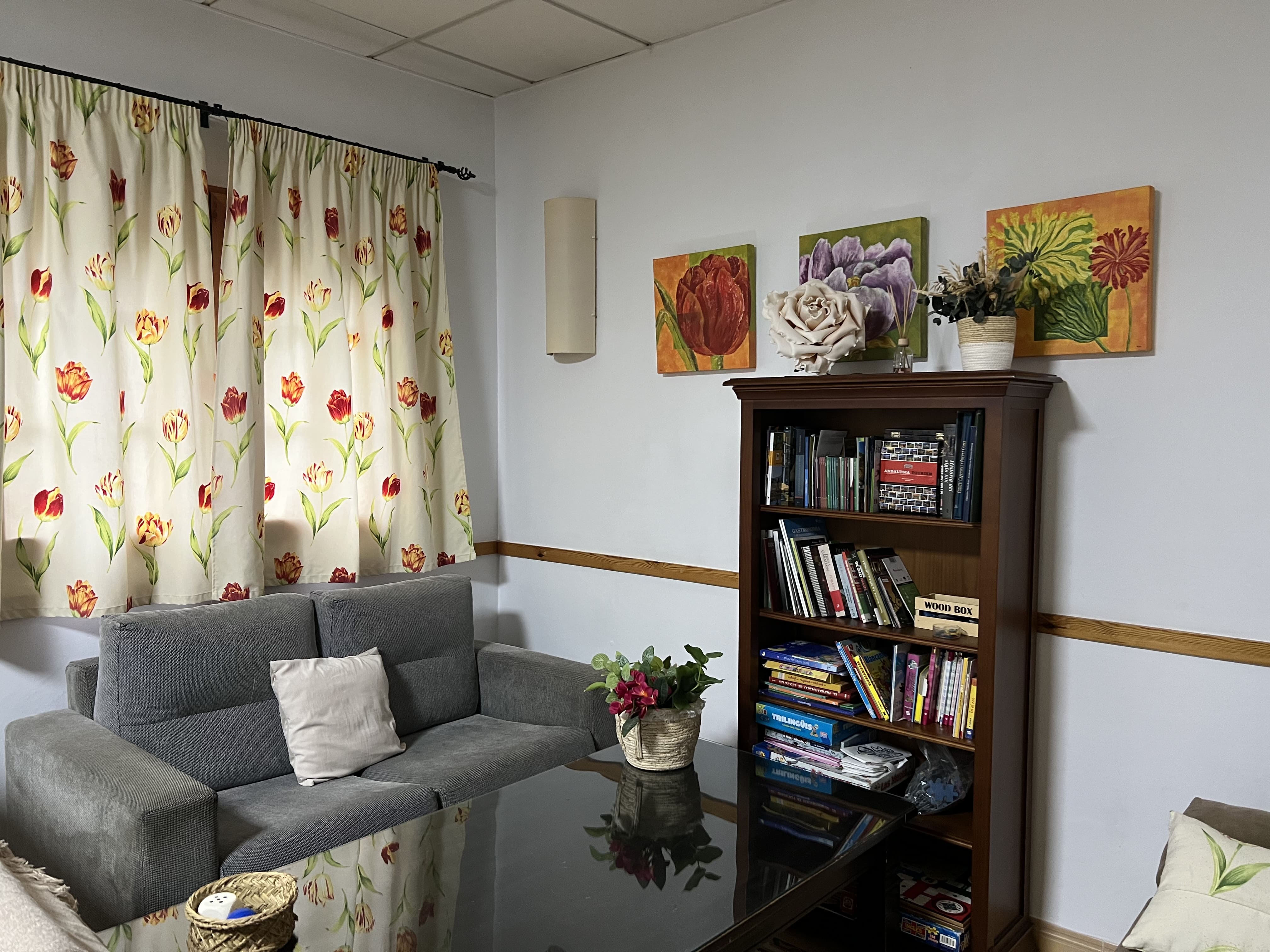 Vista de una sala de estar con un sofá gris y una mesa de cristal. Sobre la mesa, hay una planta en una maceta. En la pared se pueden ver cuadros con flores, y una librería llena de libros ocupa el espacio cercano a la pared.