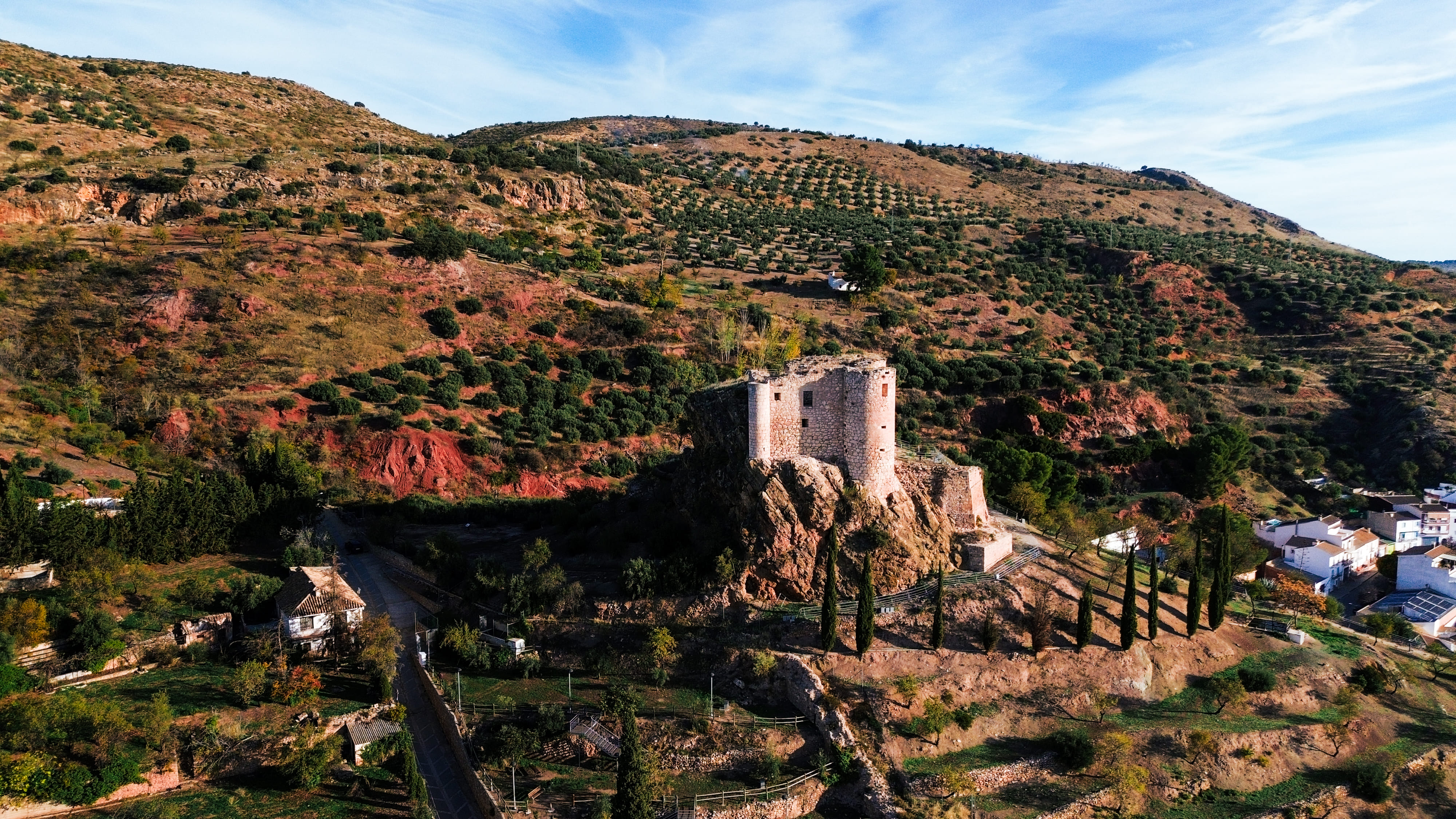 castillo de Huelma rodeado de vegetación y olivos