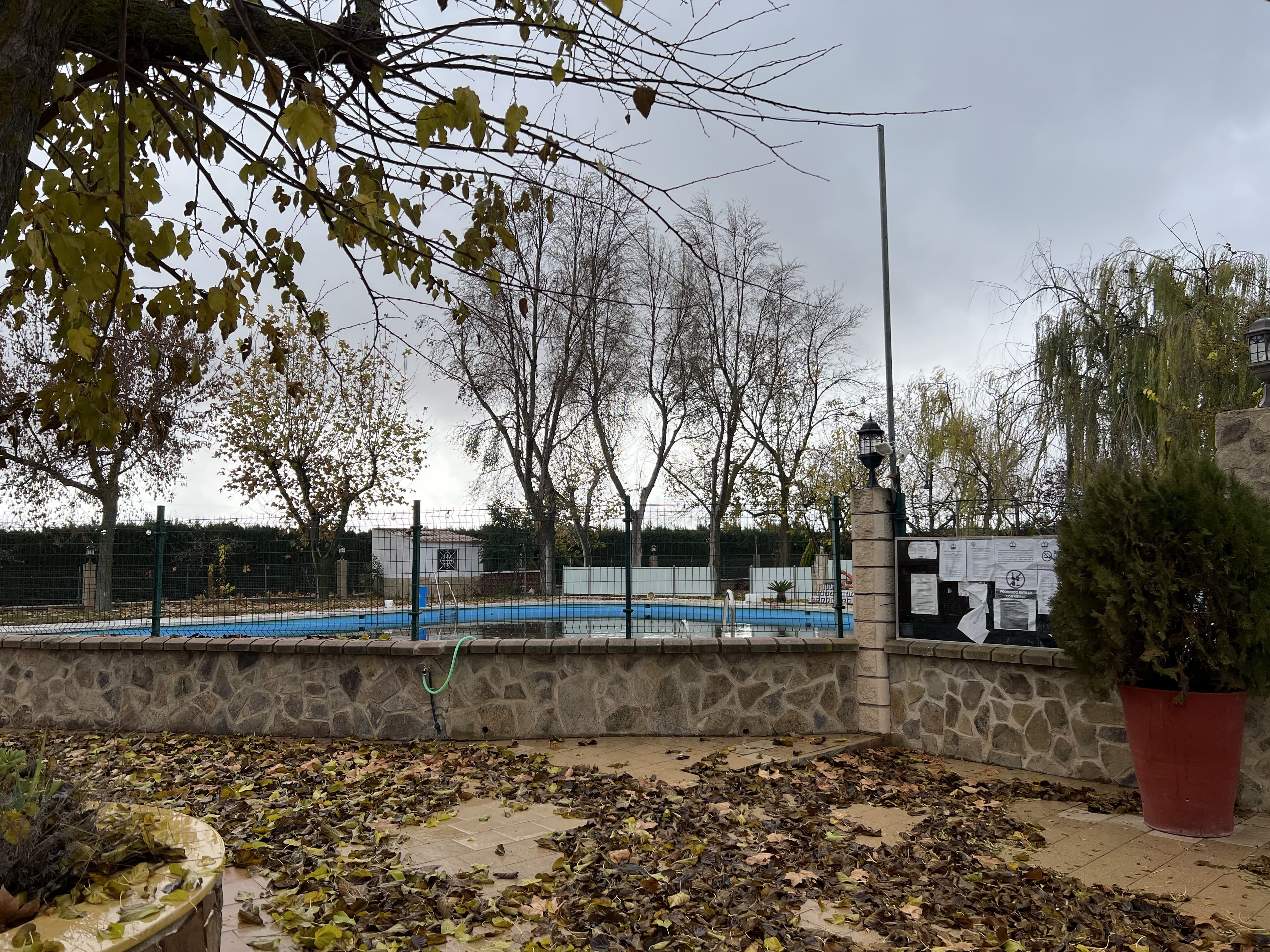 Espacio exterior con piscina vallada, rodeado de árboles y suelo cubierto de hojas, en un entorno tranquilo y natural.