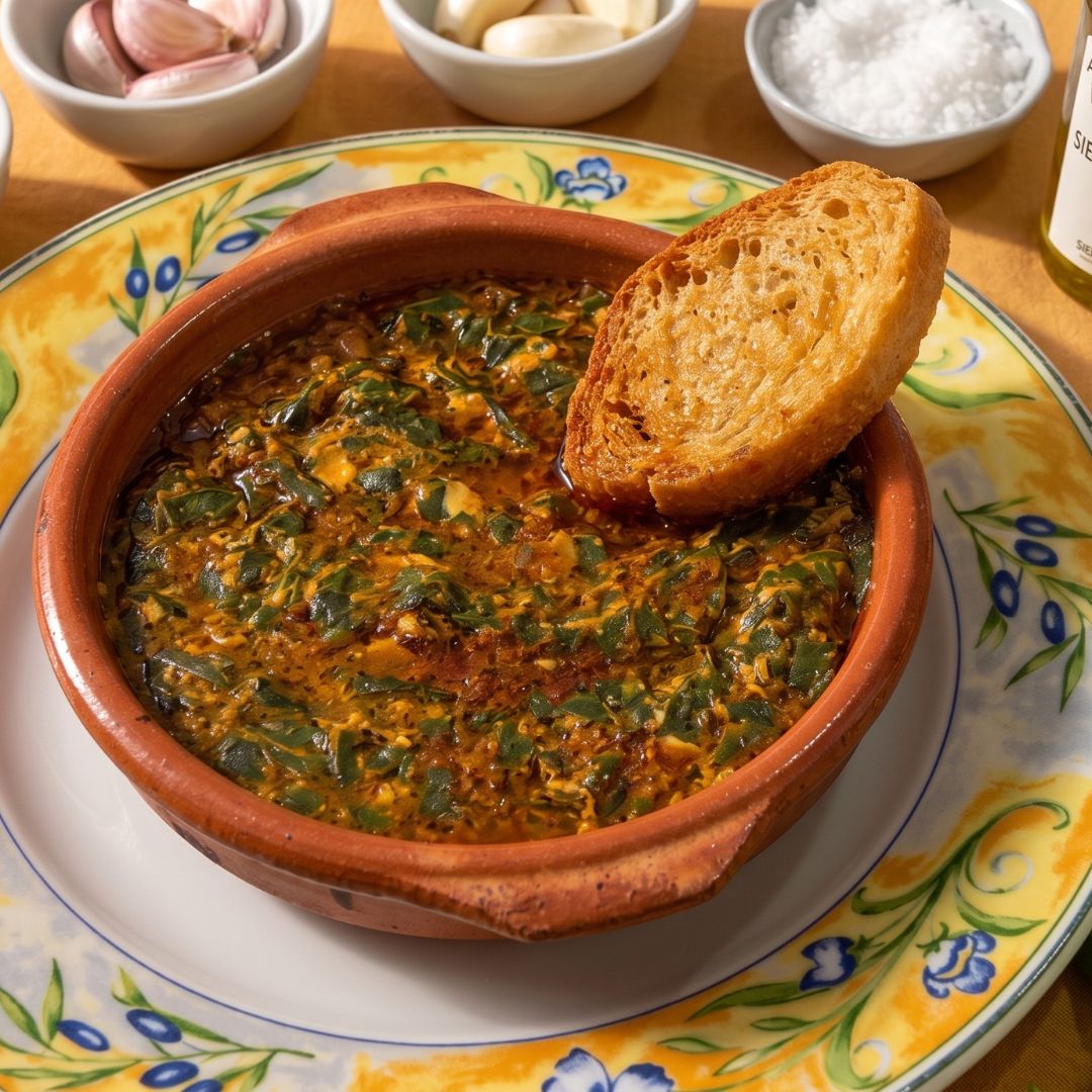 Guiso de collejas servido en una cazuela de barro, colocado sobre un plato decorado con motivos vegetales. El plato tiene un caldo espeso de color anaranjado y contiene hojas verdes troceadas. En el borde de la cazuela aparece una rebanada de pan tostado. Al fondo se ven pequeños cuencos con ajos, sal y otros ingredientes, junto a una botella de aceite.