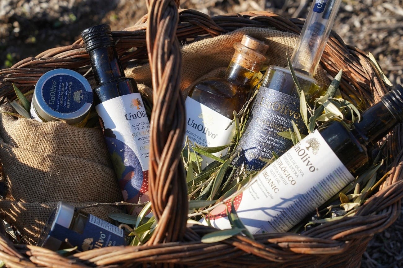 Un cesto de mimbre contiene varias botellas de aceite de oliva virgen extra ecológico de la marca UnOlivo. También se ven tarros pequeños, todo acompañado de hojas de olivo. El cesto está colocado sobre una superficie natural de fondo, creando una atmósfera rústica.