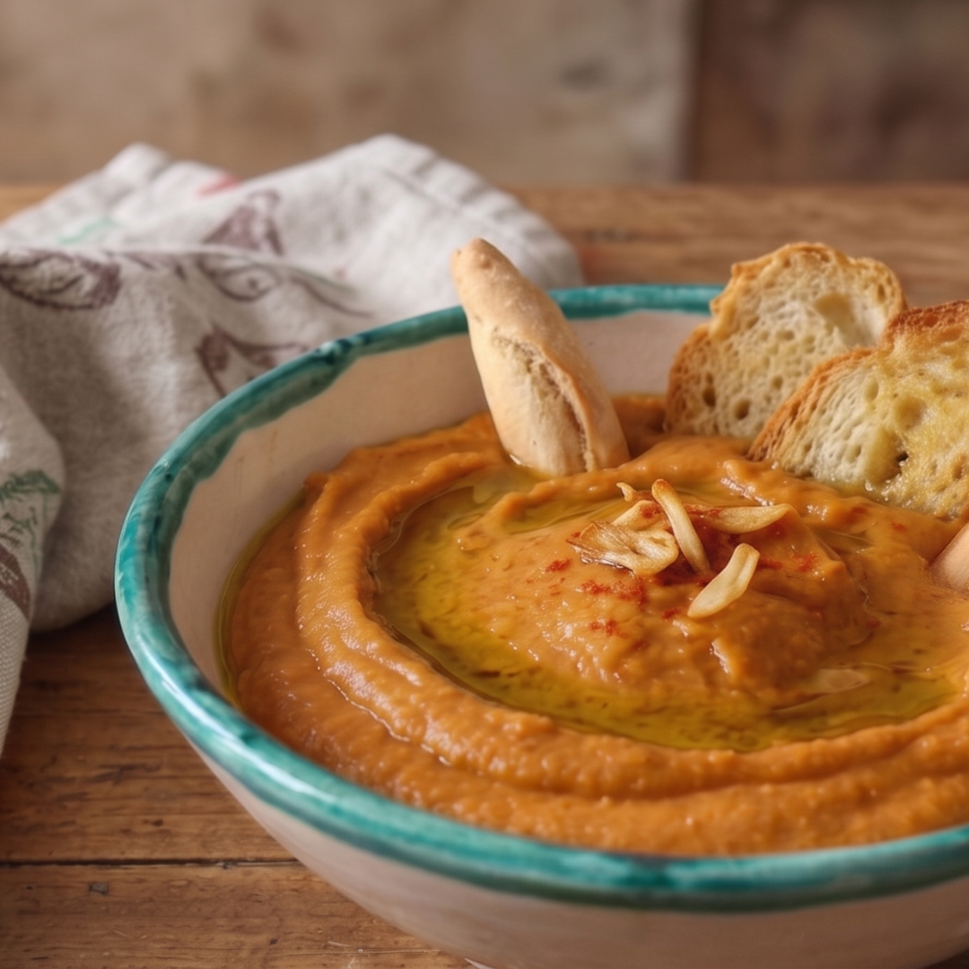 Un bol de barro con morrococo (crema espesa de color anaranjado), con un chorrito de aceite de oliva en el centro y láminas de ajo por encima; alrededor, trozos de pan para mojar sobre una mesa de madera.