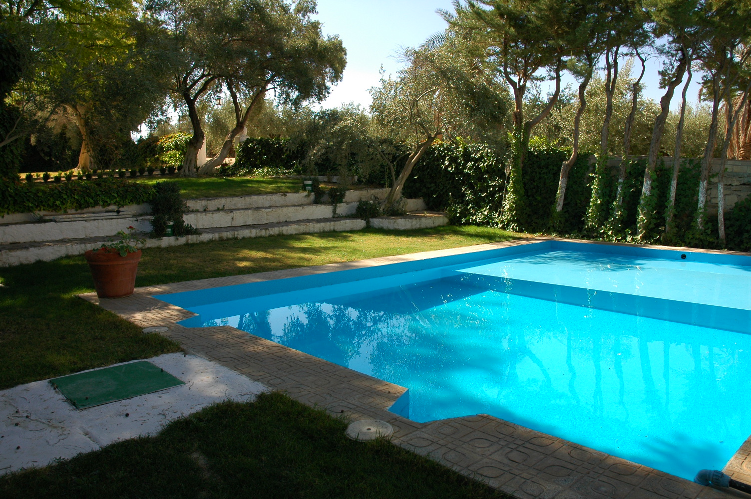 Zona exterior con piscina privada rodeada de césped y arbolado, en un entorno cuidado y tranquilo. La vegetación aporta sombra y privacidad, generando un espacio ideal para relajarse, refrescarse y disfrutar del aire libre en un ambiente natural.