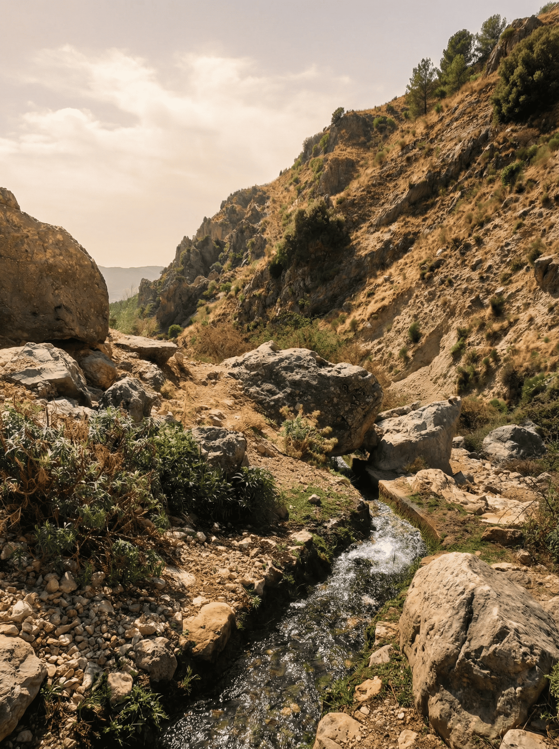 Pequeño curso de agua que discurre entre rocas y vegetación en un paisaje de ladera escarpada. La escena combina piedra, matorral y tonos secos de montaña bajo una luz cálida.