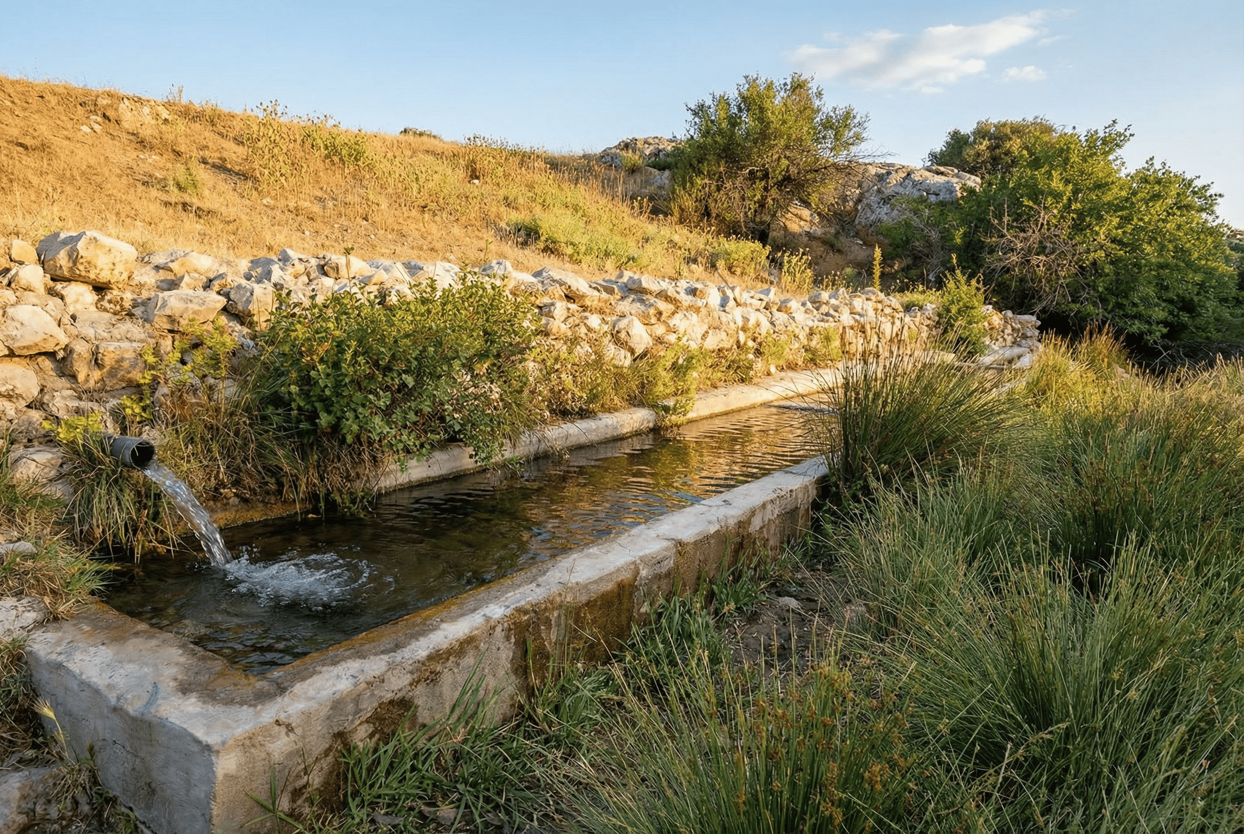 en la imagen se ve una fuente con un caño, rodeada de vegetación