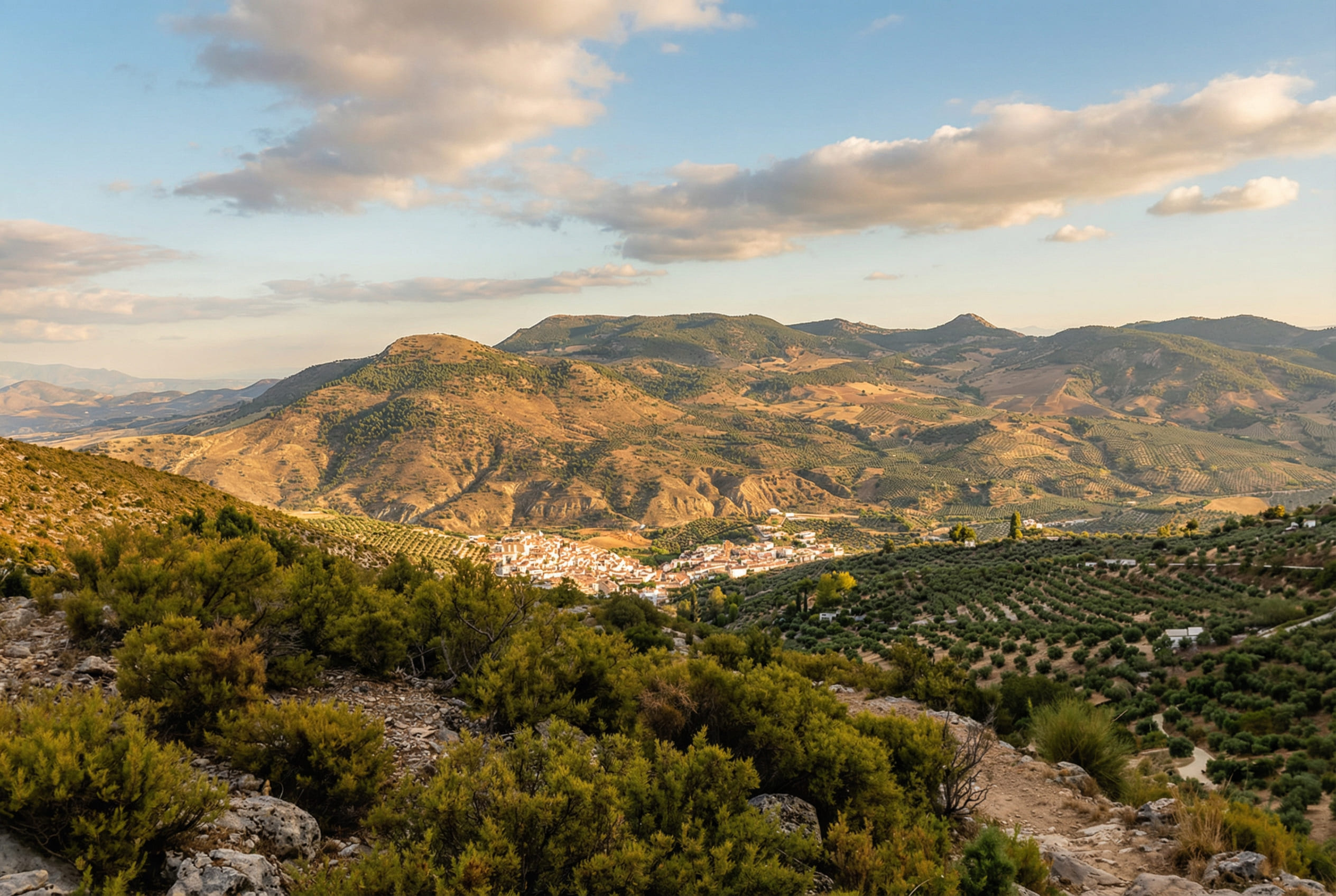 en la imagen se ve un pueblo al fondo rodeado de montañas, olivos y vegetación