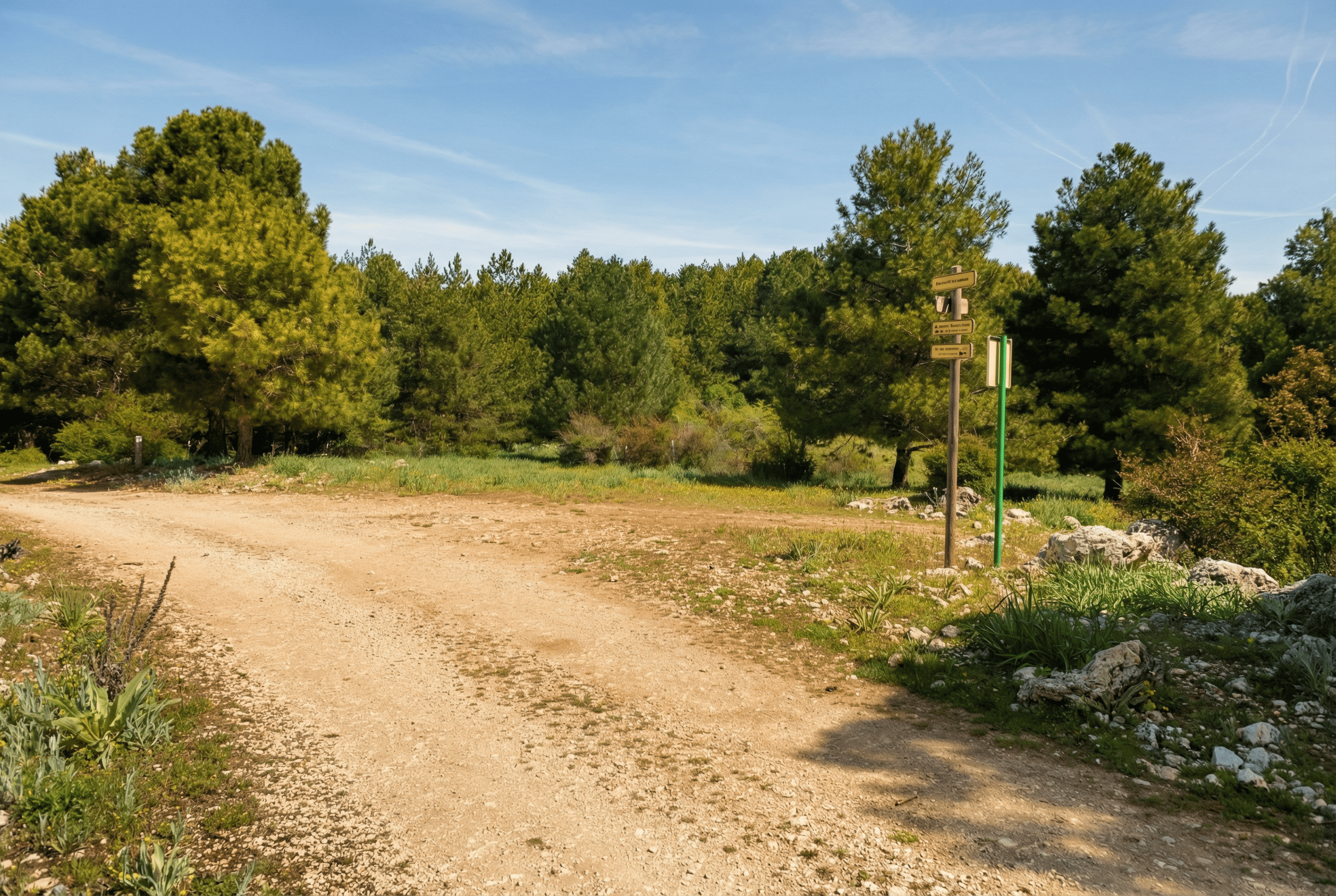 en la imagen se ve un sendero de tierra, con carteles sobre indicaciones y mucha vegetación