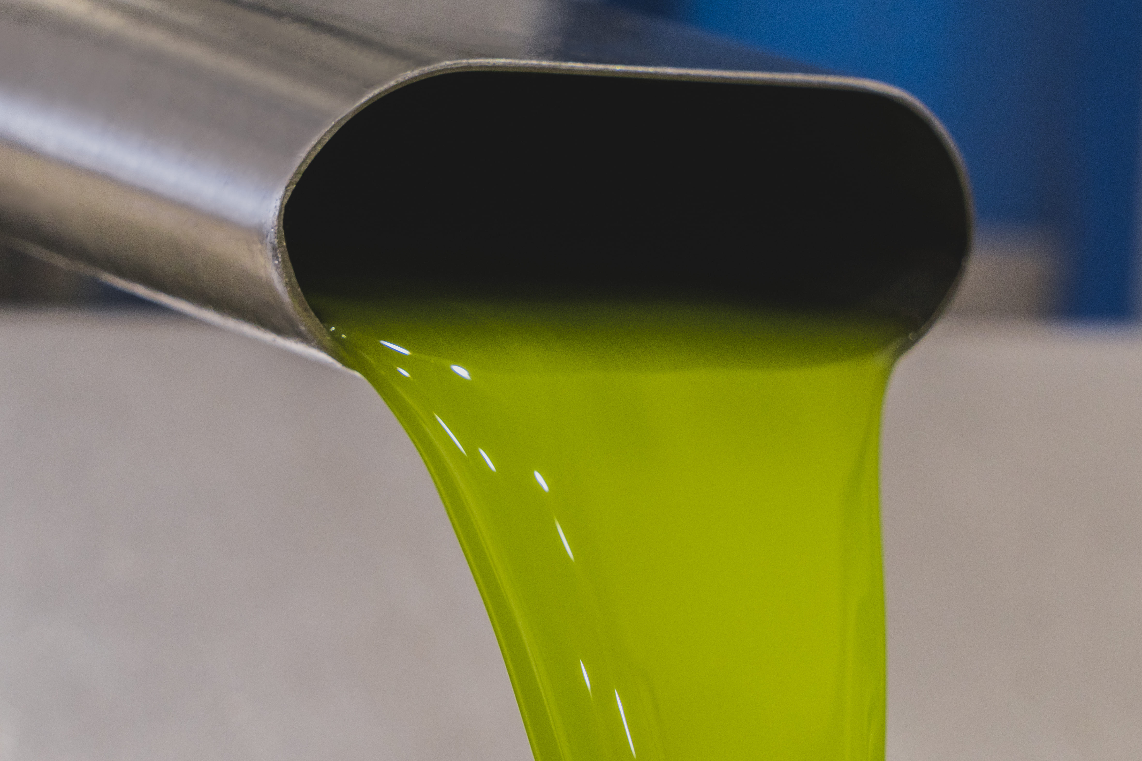 Chorro continuo de aceite de oliva virgen extra recién extraído cayendo desde una boquilla metálica. El aceite presenta un color verde intenso y luminoso, símbolo de frescura y calidad. El fondo desenfocado centra la atención en la fluidez y pureza del aceite.