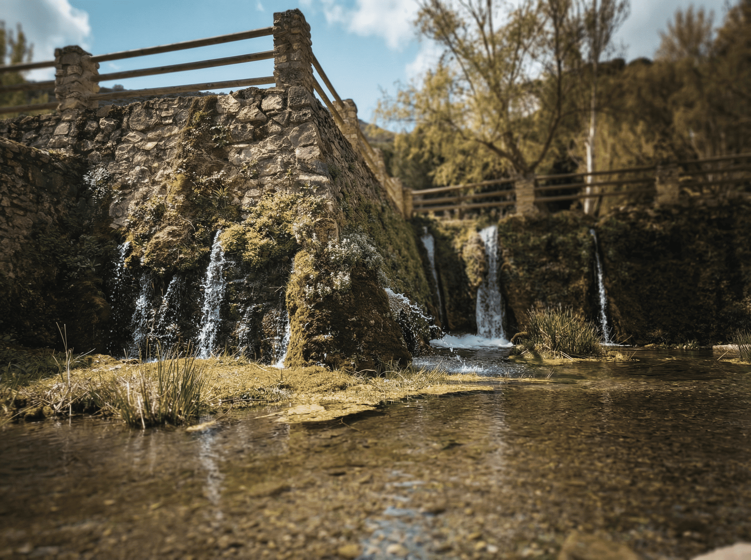 Pequeñas cascadas caen junto a una construcción de piedra con barandillas de madera, en un entorno natural atravesado por el agua. La escena combina vegetación, roca y corriente suave, creando una imagen fresca y serena.