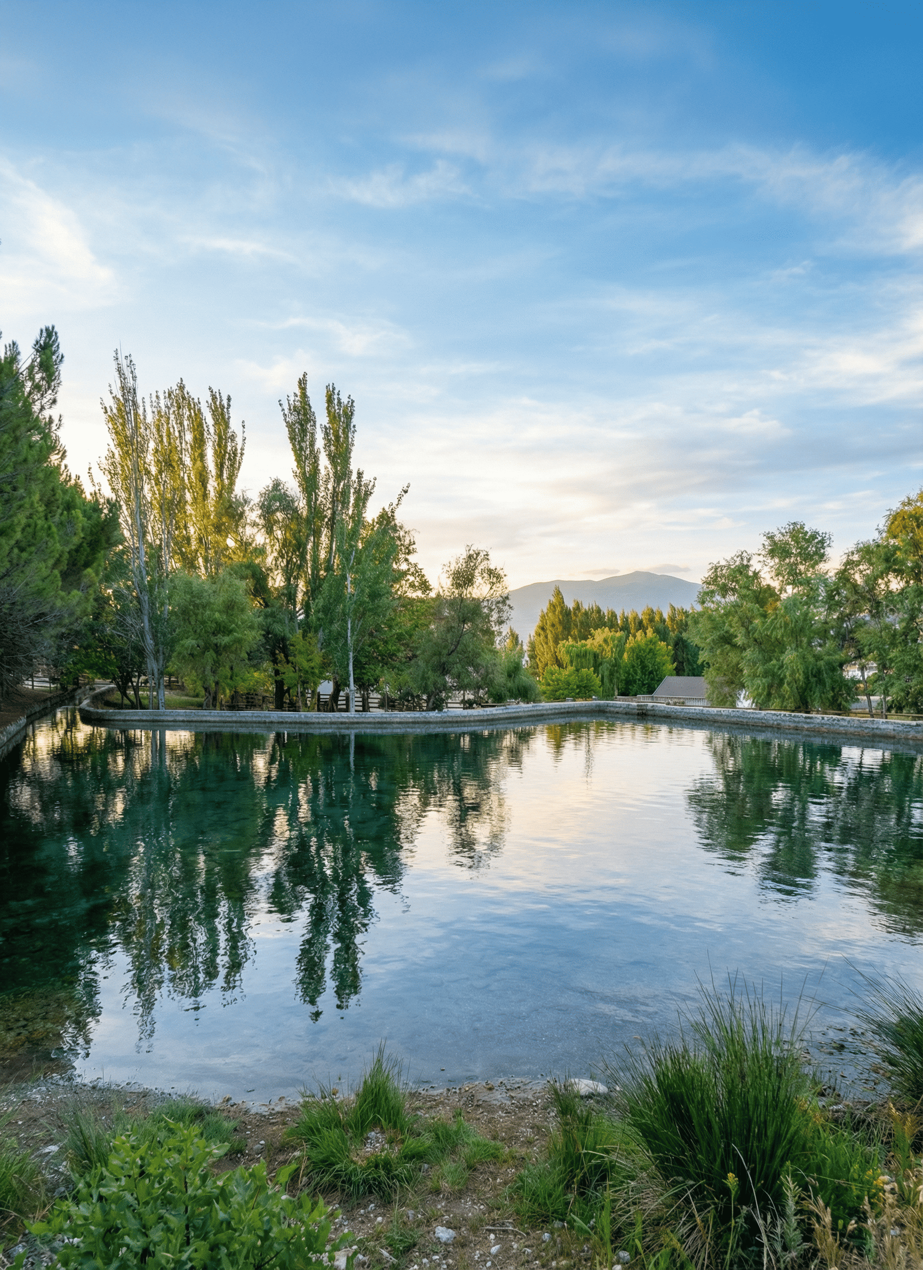 Lámina de agua tranquila rodeada de árboles y vegetación, con reflejos nítidos en la superficie. Al fondo se intuyen montañas bajo un cielo suave, creando una escena serena y luminosa.