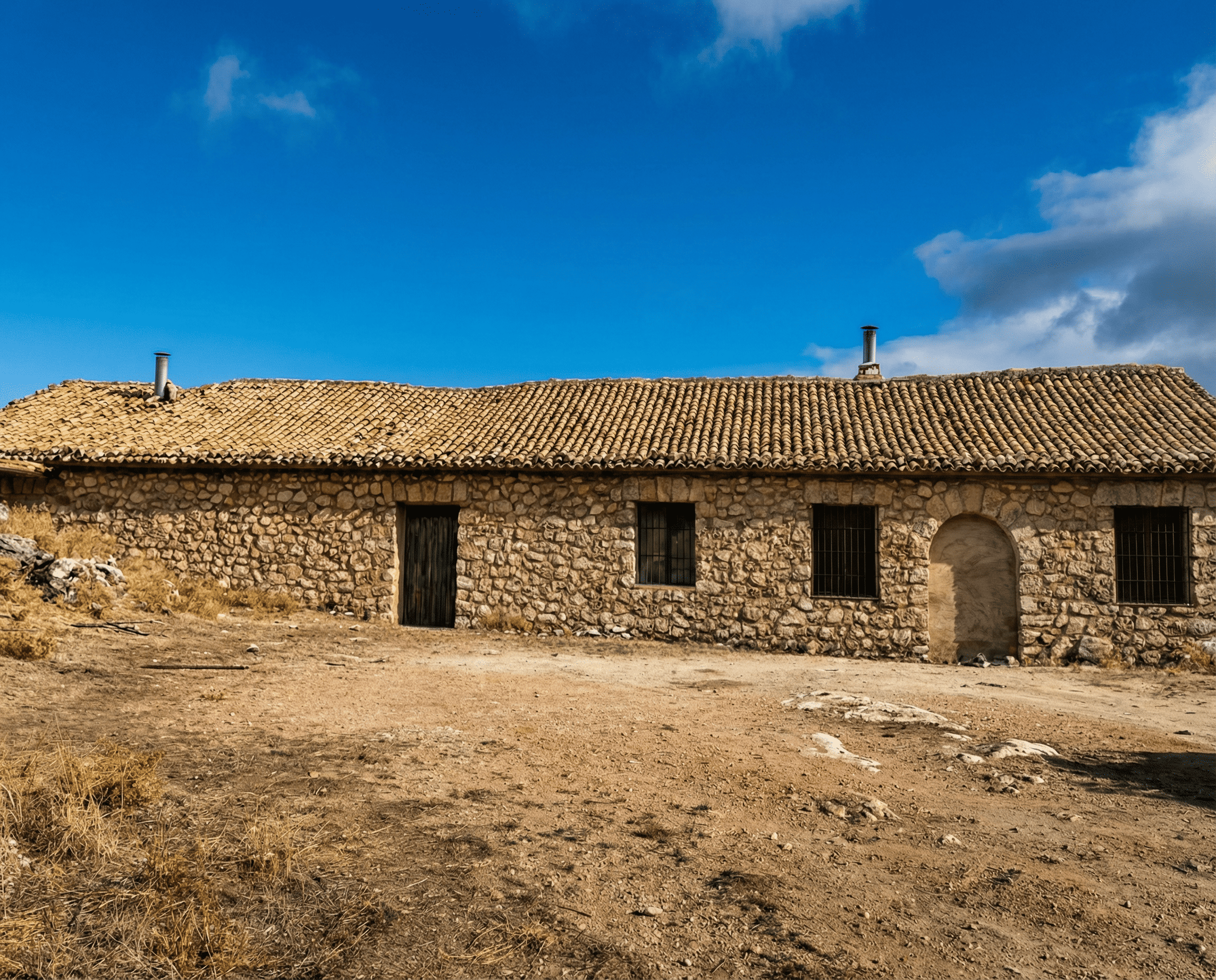 Edificio tradicional de una sola planta construido en piedra, con cubierta de teja y varias puertas y ventanas en la fachada principal. Se sitúa en un entorno abierto y seco, bajo un cielo azul despejado con algunas nubes.