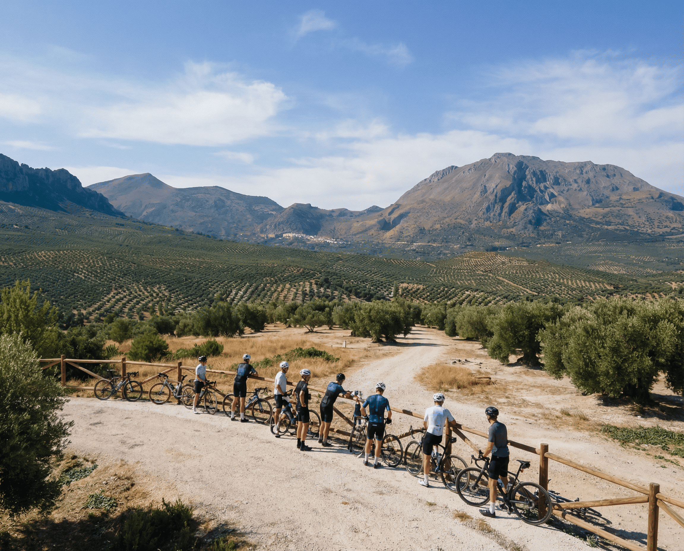 Grupo de ciclistas detenidos junto a una valla de madera, contemplando un amplio paisaje de olivares y montañas. La escena muestra un entorno abierto y luminoso, con caminos de tierra y sierras al fondo bajo un cielo suave y despejado.