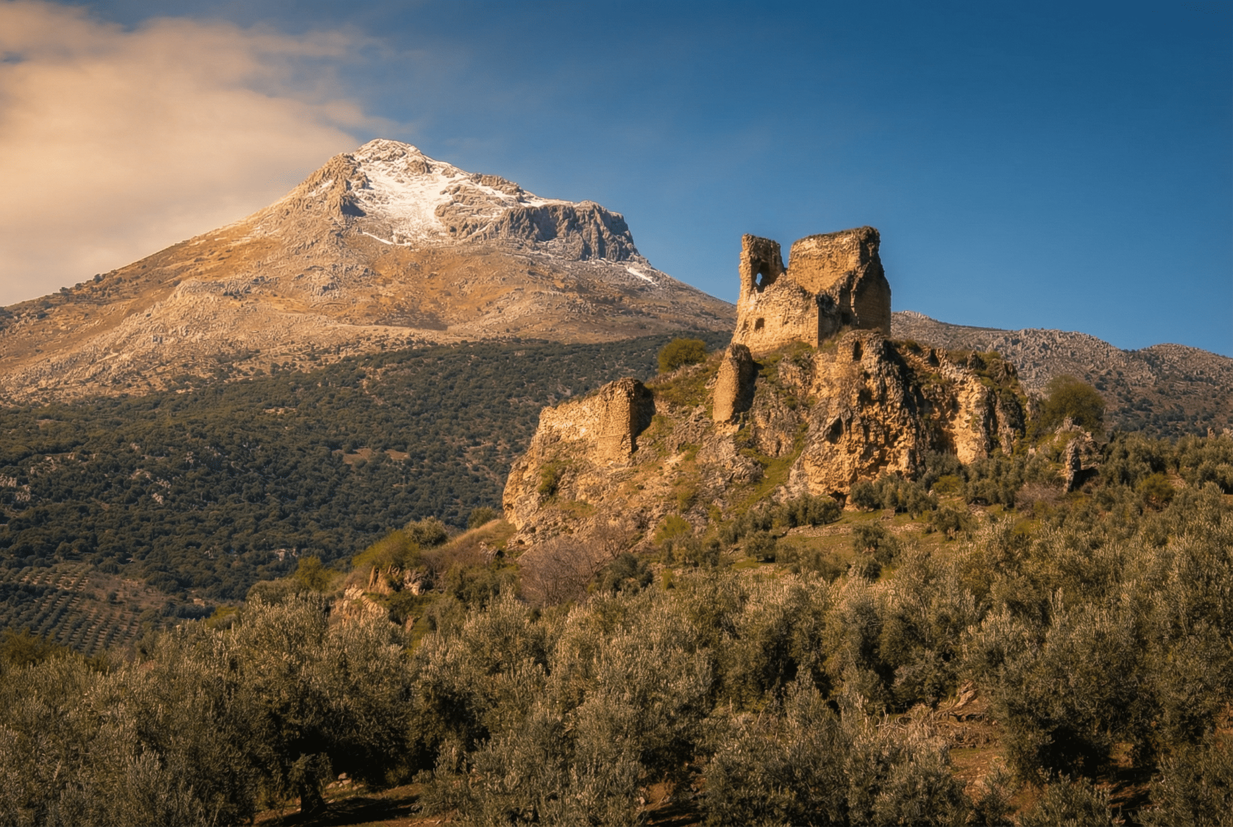 Ruinas de una antigua construcción de piedra sobre un promontorio rocoso, rodeadas de vegetación y olivares. Al fondo se alza una montaña con la cumbre parcialmente nevada bajo un cielo azul despejado.