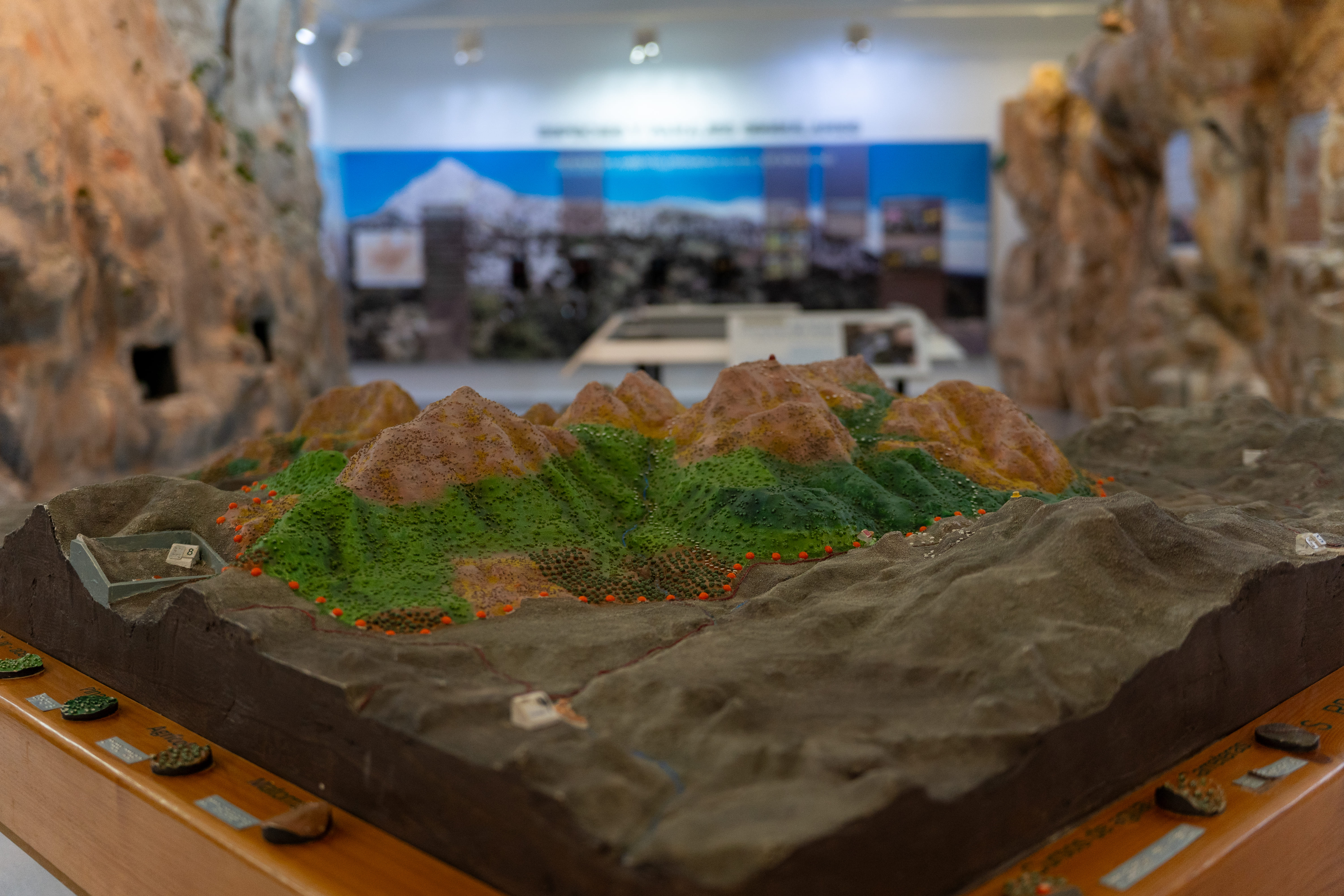 Primer plano de una maqueta en relieve con montañas y valles, expuesta en una sala interpretativa.