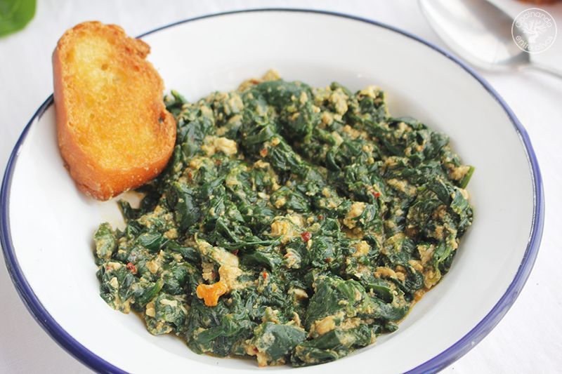 Espinacas guisadas servidas en un plato blanco, mezcladas con huevo cuajado y acompañadas de un picatoste dorado. La elaboración presenta una textura jugosa y un aspecto casero, típico de un plato tradicional de cuchara.
