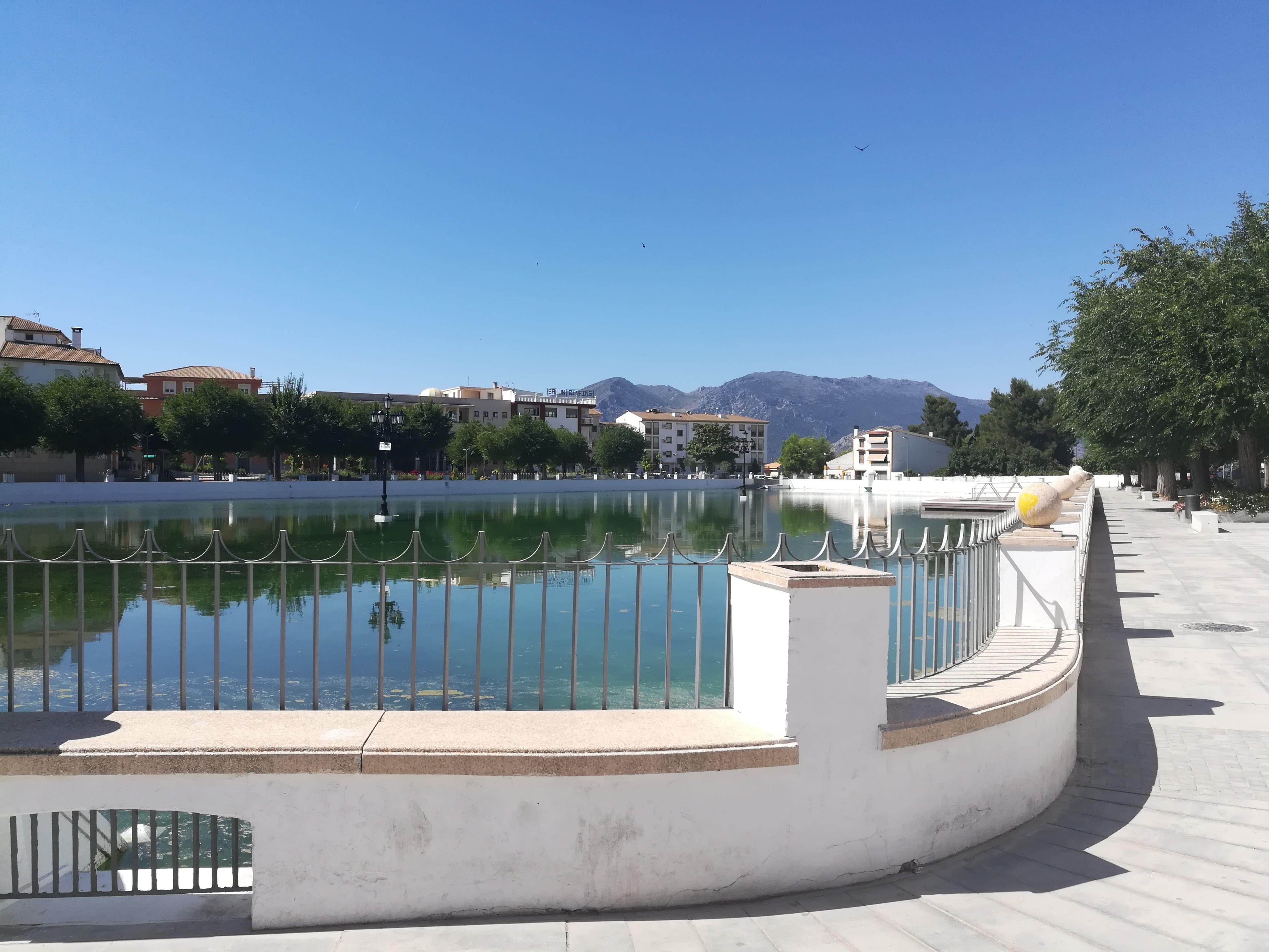 Estanque urbano rodeado por un paseo y una barandilla blanca, con árboles y edificios alrededor. Al fondo se distinguen montañas bajo un cielo azul despejado, creando una escena abierta y luminosa.