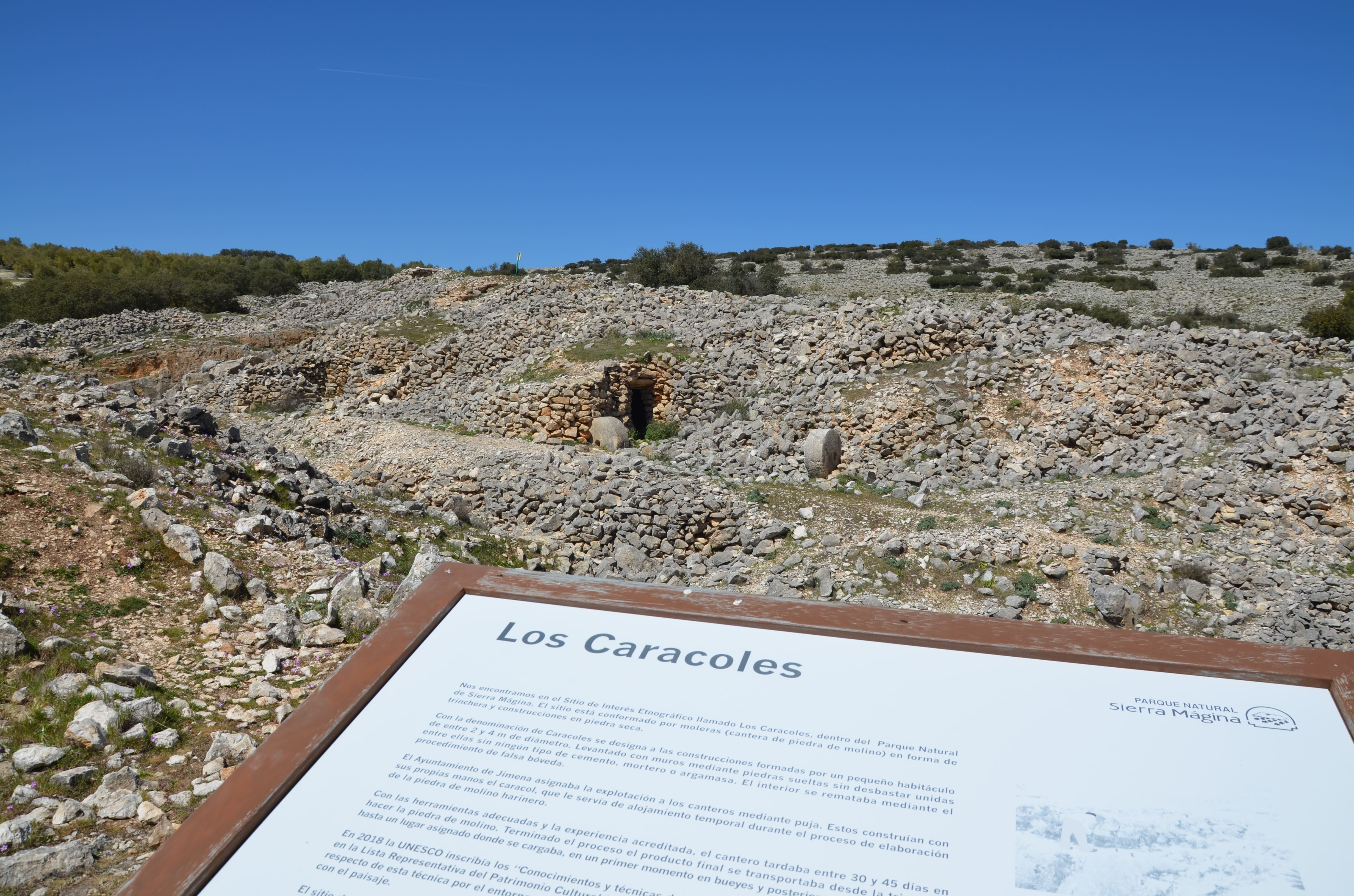Panorámica del Sitio de Interés Etnográfico Los Caracoles, con un panel informativo en primer plano y, al fondo, un paisaje de piedra seca, antiguas construcciones circulares y olivares bajo un cielo azul despejado.