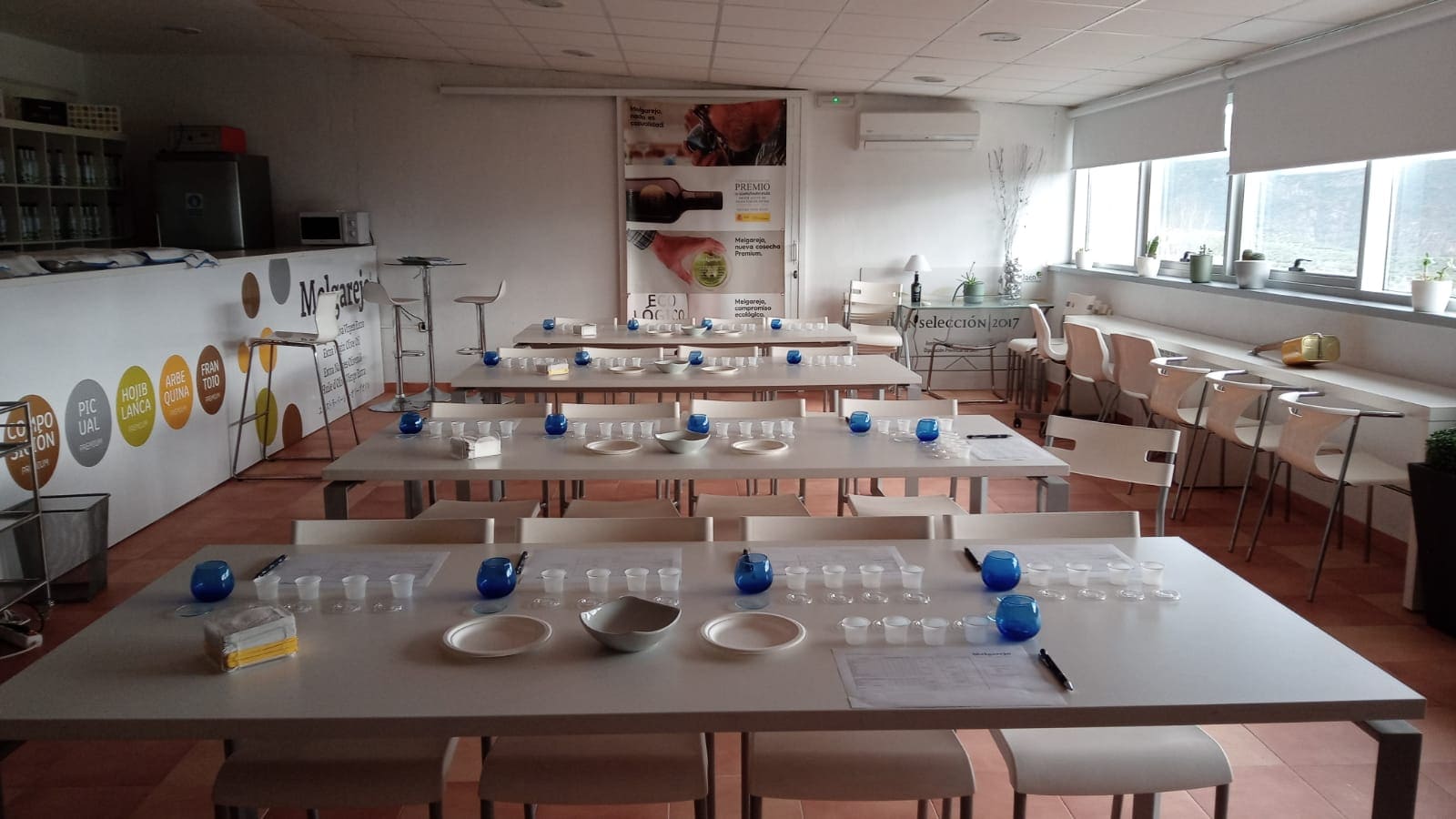 Espacio preparado para una cata de aceites, con mesas organizadas, vasos de degustación y material dispuesto para una actividad guiada en Aceites Melgarejo.