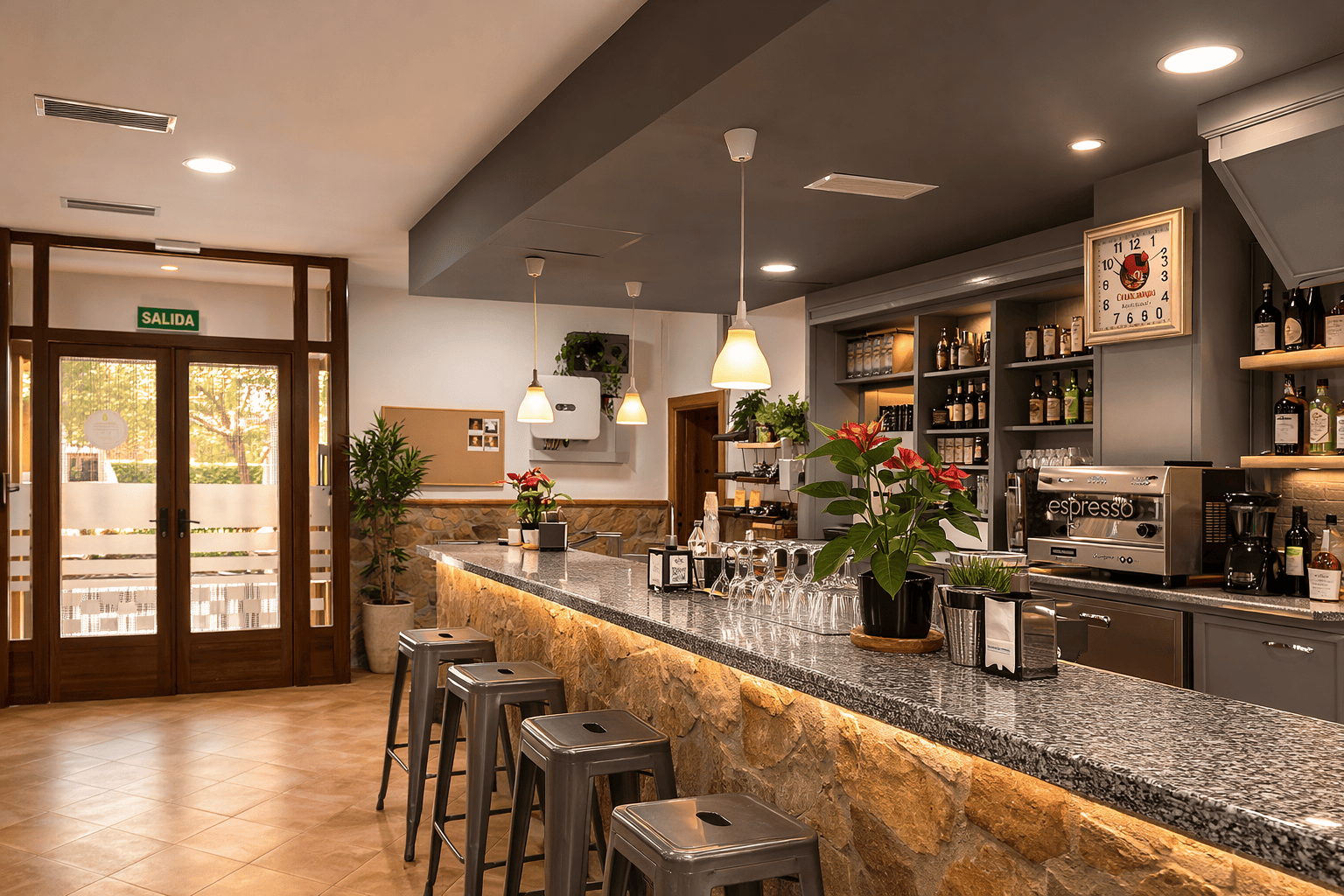 Barra interior de un restaurante con taburetes, cafetera, estanterías con botellas y una decoración cálida con plantas y luz tenue.