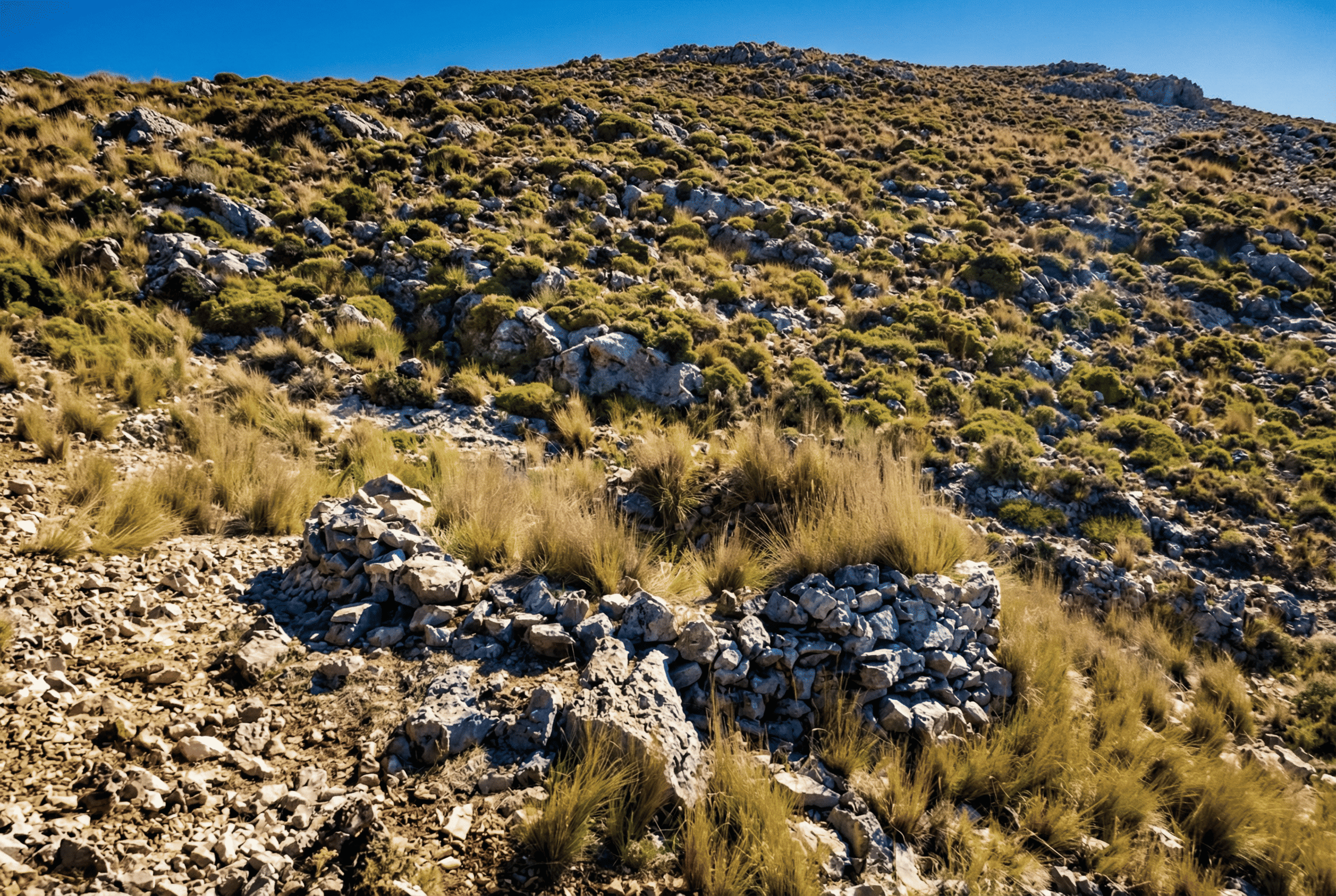 Paisaje de montaña en Sierra Mágina, Jaén, con una ladera rocosa cubierta de matorral bajo y pastos secos. En primer plano se observan restos de un pequeño muro de piedra junto a un terreno pedregoso, bajo un cielo azul despejado.