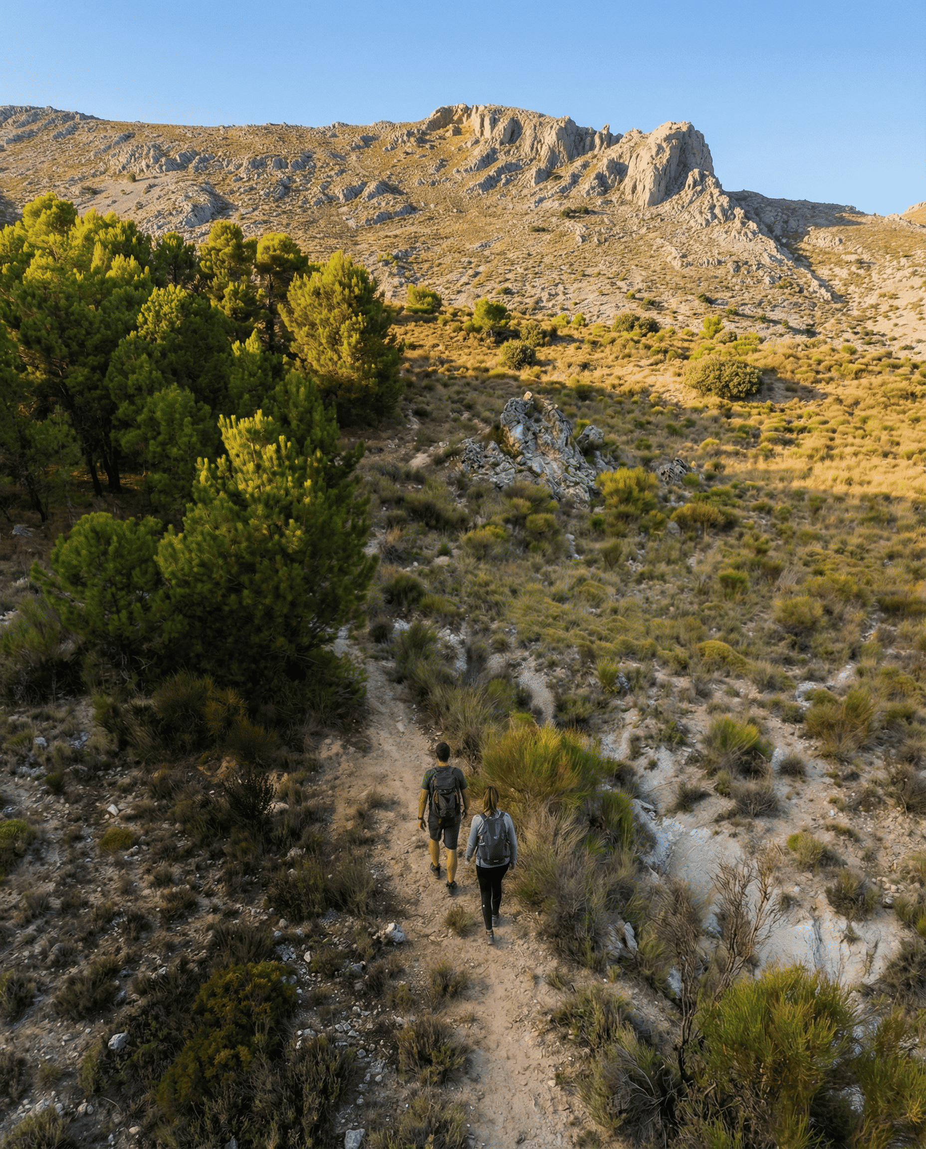 Dos personas caminan por un sendero de tierra rodeado de vegetación y matorral en un paisaje de montaña. Al fondo se alzan formaciones rocosas y laderas cubiertas de vegetación dispersa bajo un cielo despejado.