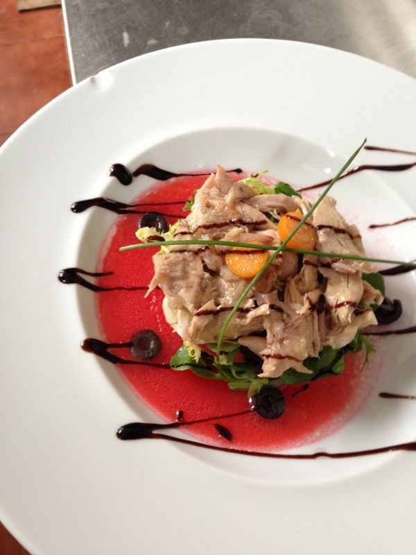 Plato presentado de forma cuidada, con una base de salsa roja, hojas verdes, trozos de pescado o carne desmenuzada y decoración de reducción balsámica sobre un plato blanco.