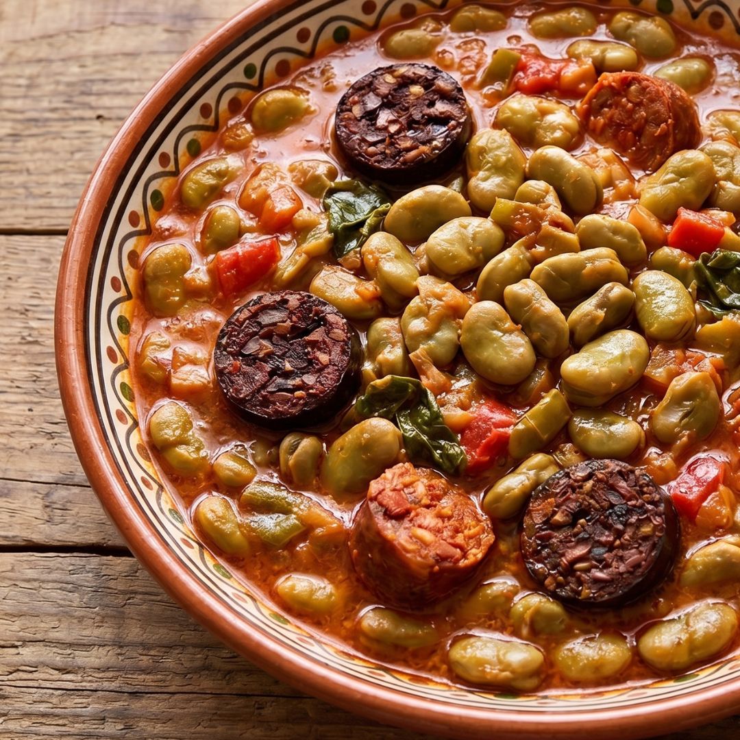 Plato de sobrehúsa servido en una fuente de barro decorada. El guiso tiene un caldo rojizo y contiene habas, pimiento, verduras y rodajas de embutido, como chorizo y morcilla. La imagen está tomada en primer plano sobre una mesa de madera, destacando los colores intensos del plato y su aspecto tradicional y casero.
